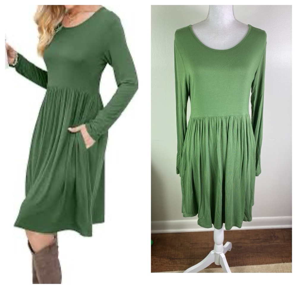 Longyuan women pullover jersey knit dress side pockets dress Sz M olive green